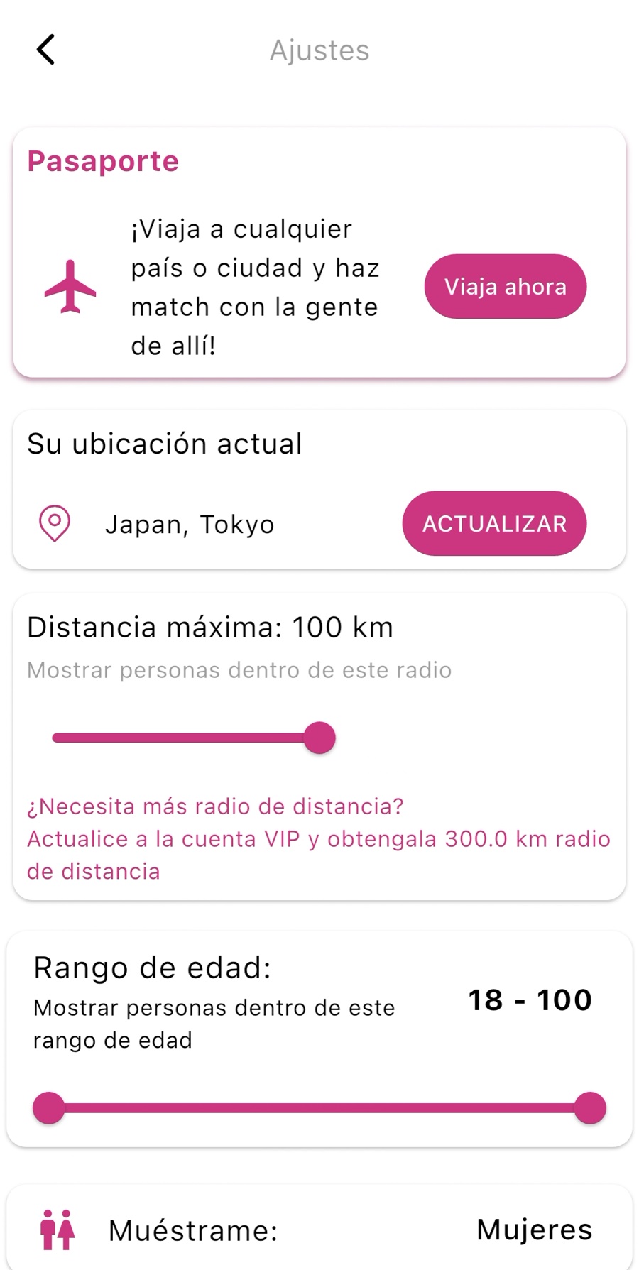 Ajustes de Otaku Dating: distancia máxima, rango de edad y género