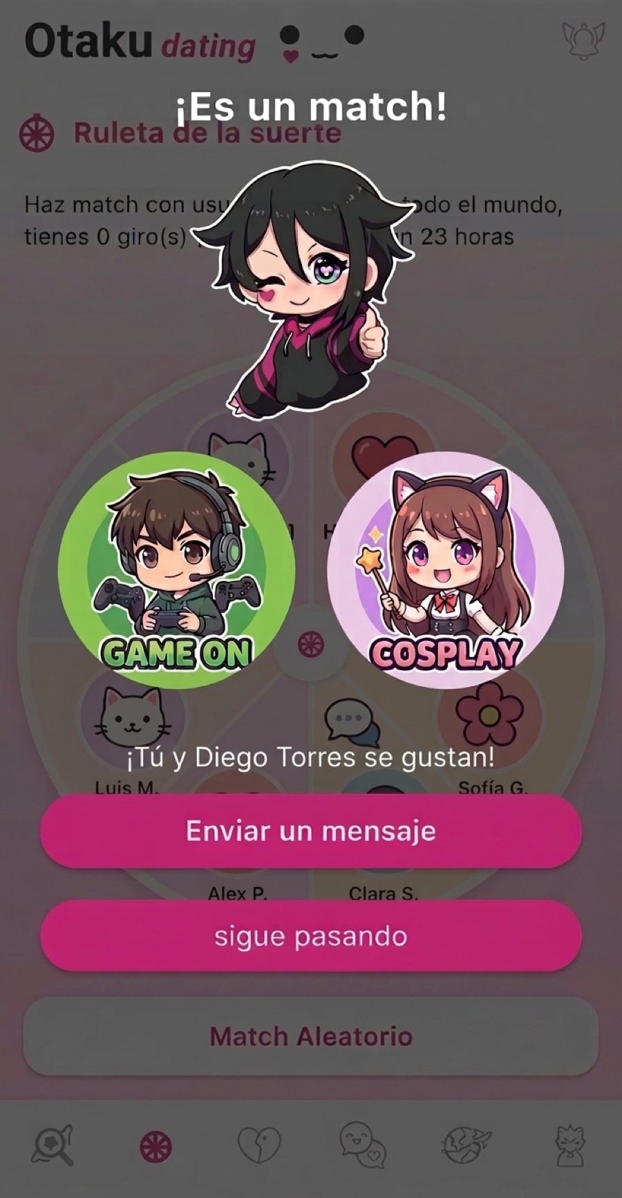 Pantalla «¡Es un match!» de Otaku Dating