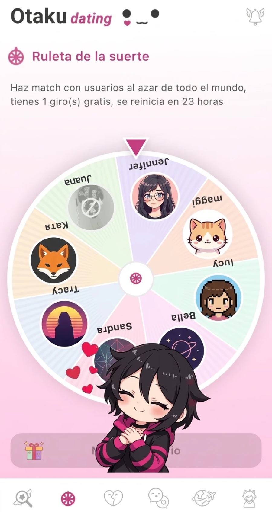 Ruleta de la suerte de Otaku Dating con perfiles de todo el mundo