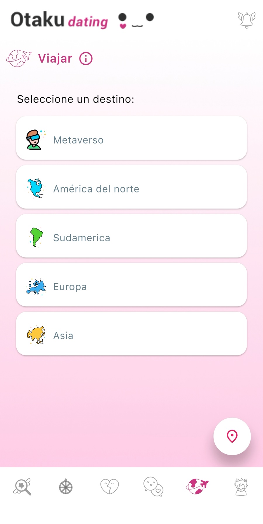 Pantalla de Pasaporte de Otaku Dating con destinos: Metaverso, América del norte, Sudamérica, Europa y Asia